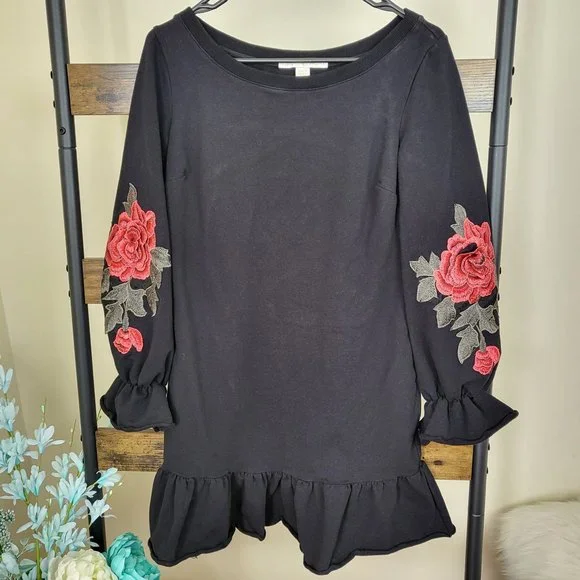 Boston Proper | Dresses | Boston Proper Black Long Sleeve 3d Rose  Embroidered Dress Size Xs | Poshmark
